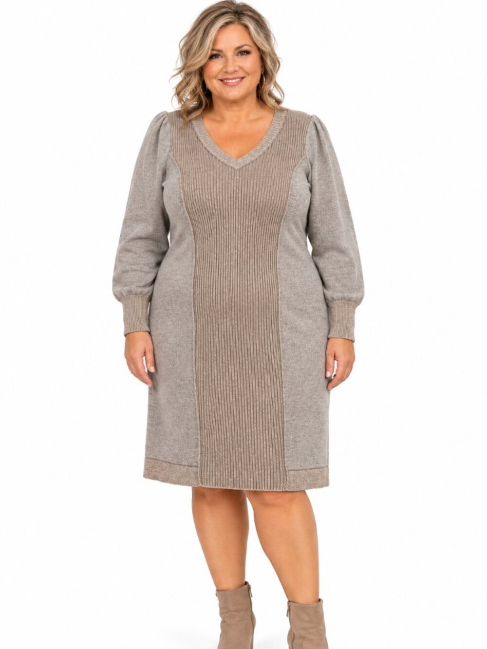 Simply Vera Vera Wang Taupe Ribbed Knit Sweater Dress Long Sleeve V-Neck Size L